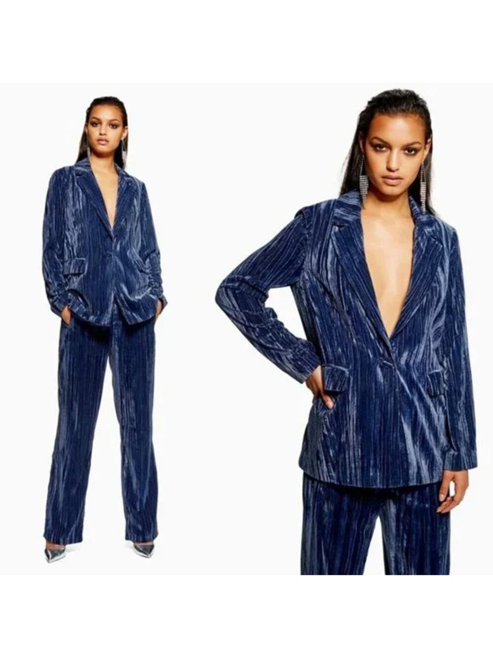 TOPSHOP Velvet Blue Crinkle Oversized Blazer NWT US 4